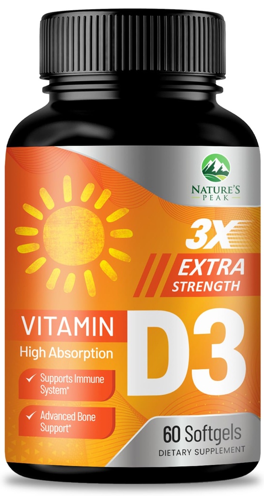 Vitamina D3 5000 IU Softgels (125 mcg) - Vitamine ad alta resistenza D-3 Supplemento dietetico per Bone, denti, salute del muscolo e supporto immunitario, assorbimento rapido Mini D Softgel, non OGM, senza glutine - 60 Conte