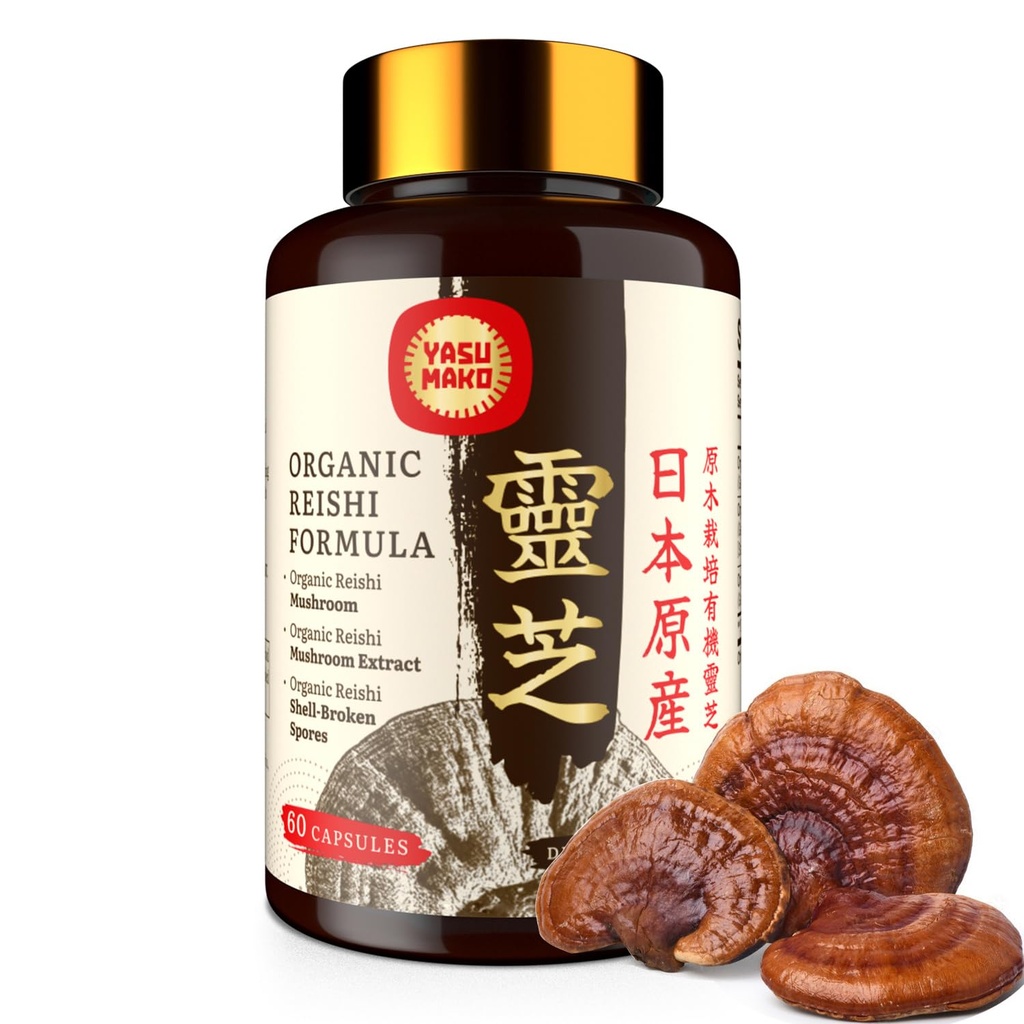 Japanese Reishi Mushroom Supplement 800mg con Reishi Mushroom Extract 500mg & Shell-Broken Spores 200mg,Organic Mushroom Capsule per Immune System - Real Fruiting Body (Pack of 1)