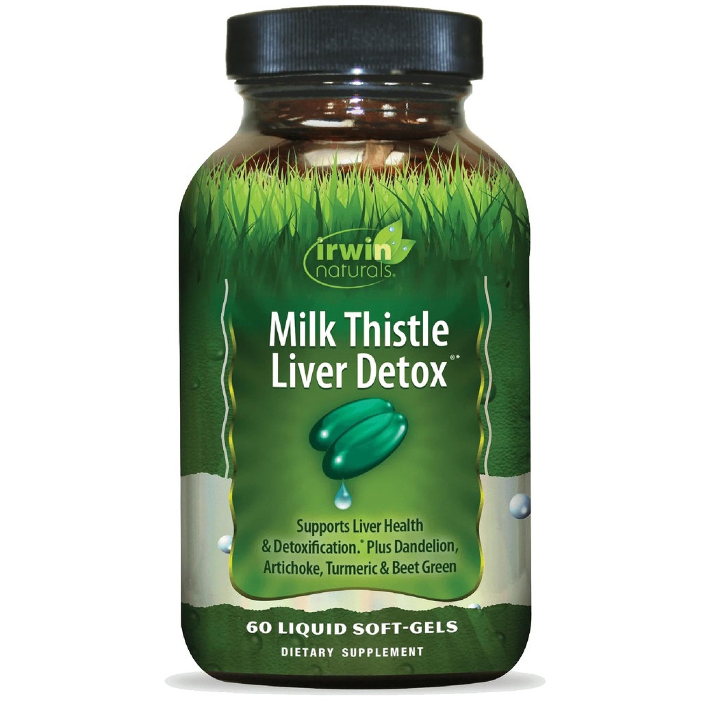 Irwin Naturals Milk Thistle Liver Detox - 60 Liquid Soft-Gels, Supporta la salute del fegato con Dandelion, Artichoke, Turmeric & Green Beet Root - 30 Total Servings