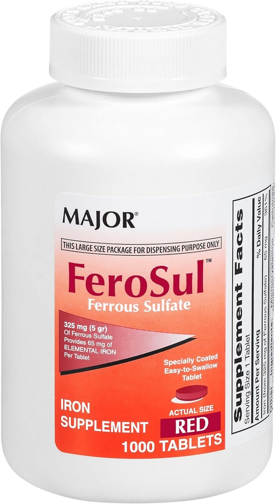 Maggiore FeroSul - Ferrous Sulfate 325 mg Tablets - Supplemento di ferro per le donne e gli uomini - Specialmente rivestiti Easy-to-Swallow Tablets - Rosso - 1000 Tavole
