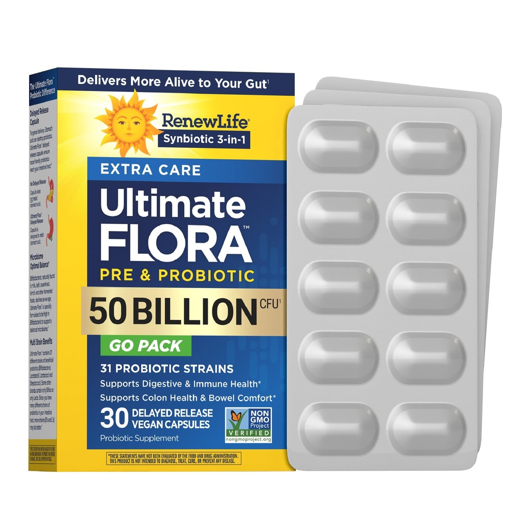 Go-Pack Capsule Probiotici, Supplemento giornaliero Supporta Immune, Digestivo e Respiratorio Salute, L. Rhamnosus GG, Daieria, Soia e senza glutine, 50 miliardi di CFU, 30 Ct