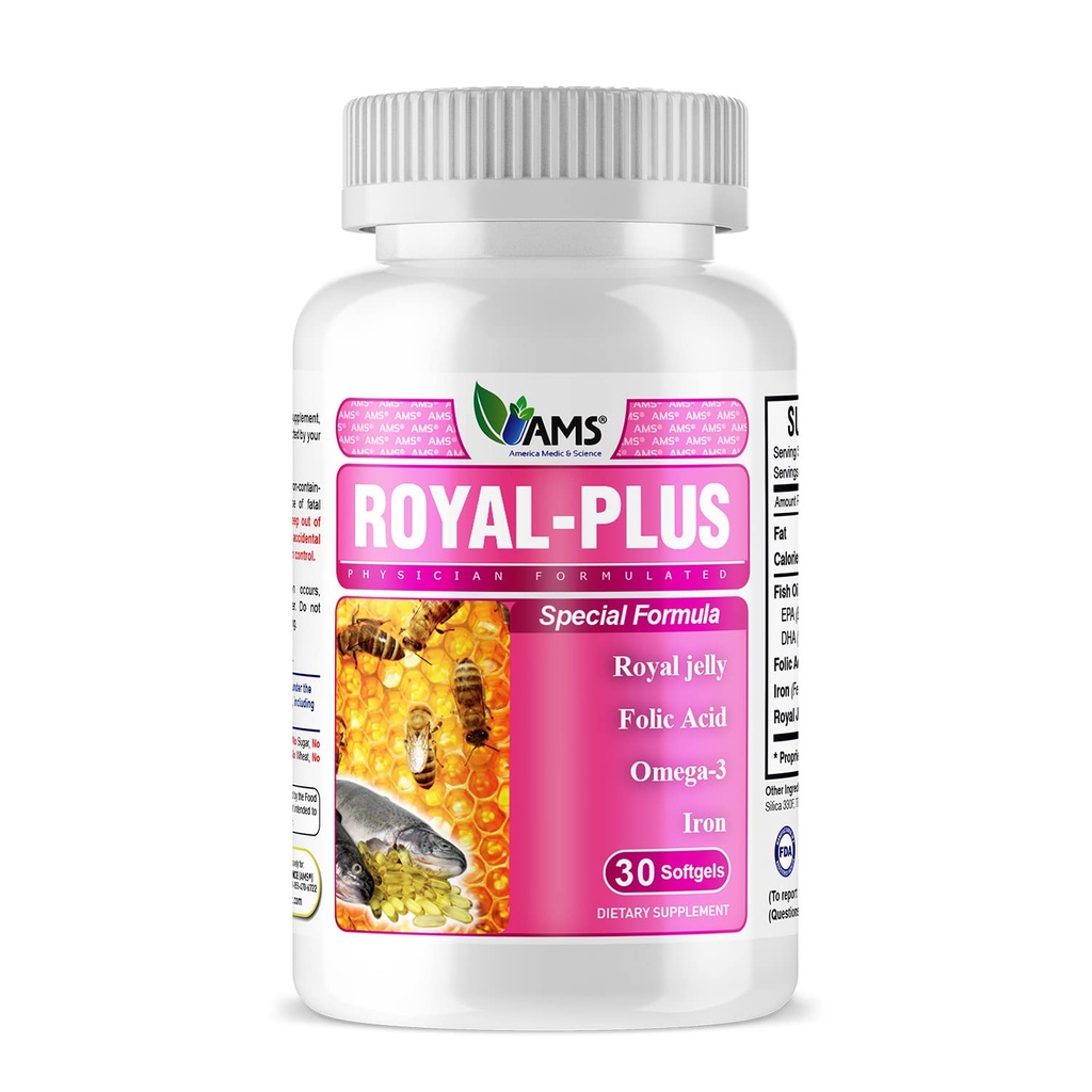 America Medic & Science Royal-Plus (30 softgels) | Vitamine Prenatali della gelatina reale per le donne | Supplementi di ferro con gli acidi grassi dell'olio di pesce Omega-3 e acido folico | Nutrienti vitali per la gravidanza