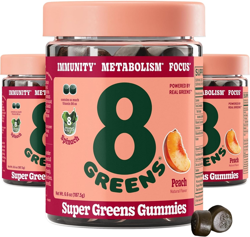 8Greens Supergreens Gummies | Super Greens Polvere Superfood Gummy per Metabolismo, Immunity & Focus, Digestive Health Enzymes, Organic: Chlorella, Spirulina, Aloe Vera, Peach Flavor, 150 Count