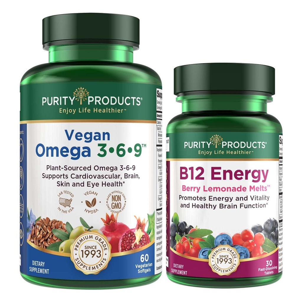 Prodotti di purezza Bundle - Vegan Omega 3-6-9 + B-12 Energy Melt Omega 3-6-9 (“5 in 1” Plant-Based Omega 3 6 9 Essential Fatty Acid Complex) - B12 Berry Melt (Methylcobalamin B12 + B6 + D3 + Più)