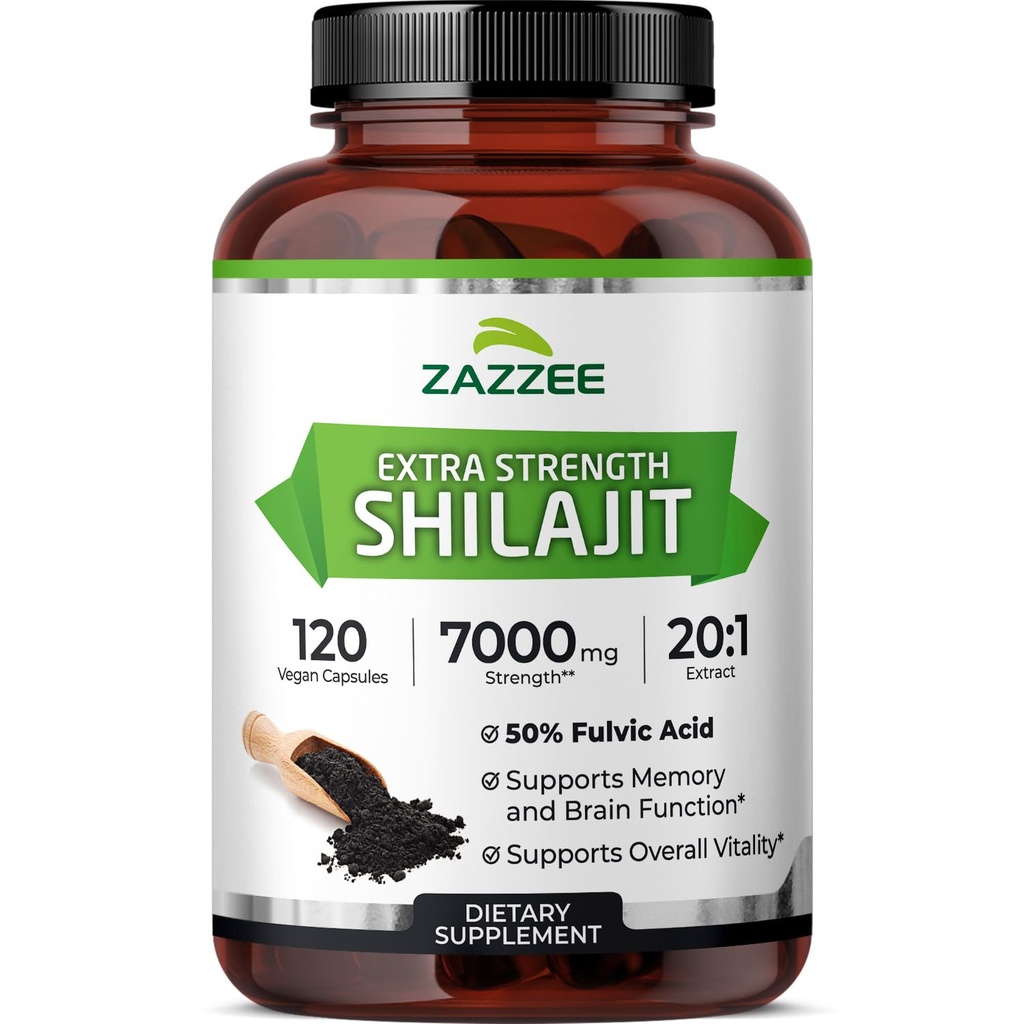 Zazzee 100% puro Himalayan Shilajit 20:1 estratto, 7000 mg di resistenza per capsula, 50% acido Fulvico, 120 porzioni per bottiglia, 20X potenza, ricco di minerali di trace, non OGM, vegano, fatto negli Stati Uniti