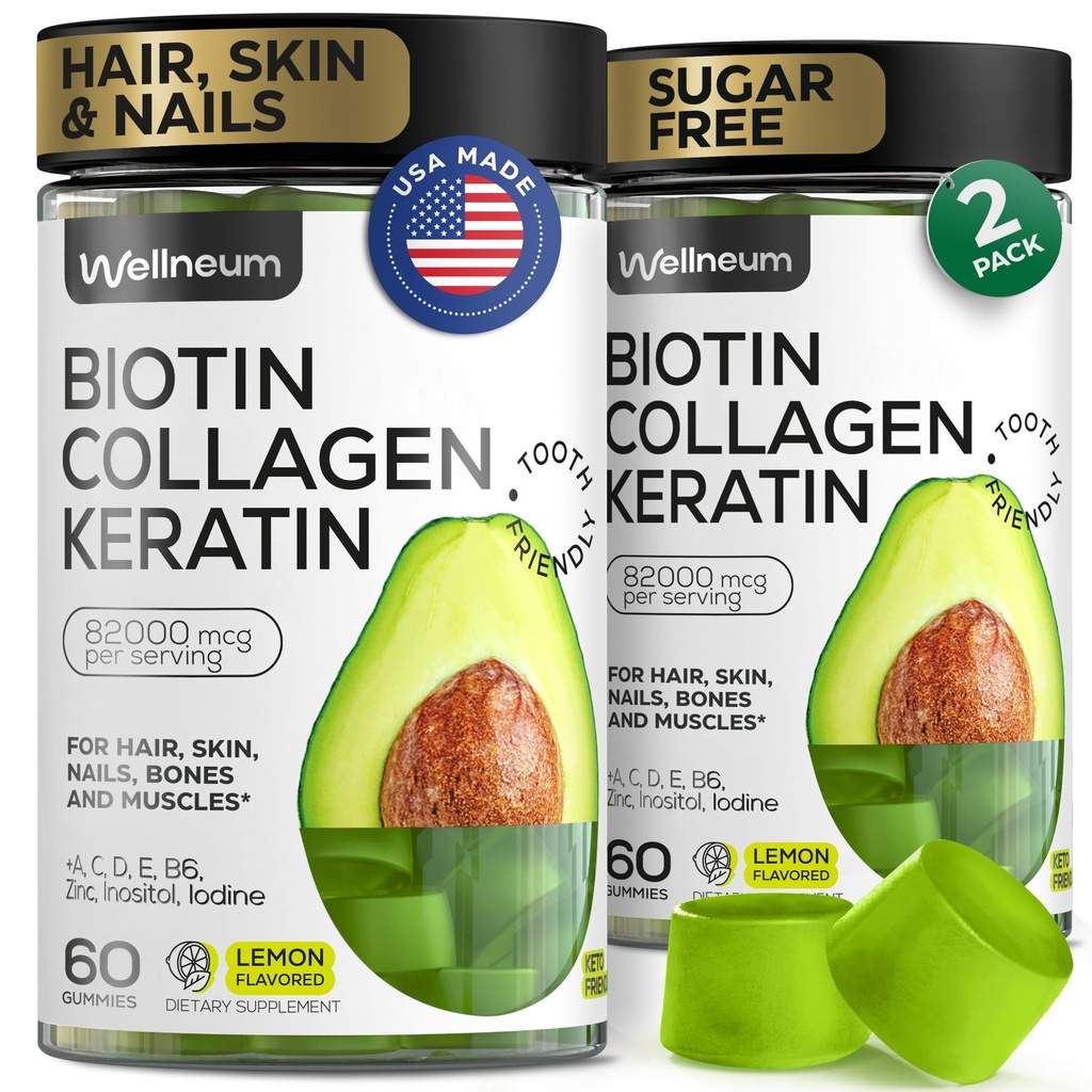 Biotina e collagene Peptide Gummies per la crescita dei capelli, pelle e unghie 120 Pcs (2 Pack) - 82000 Mcg - Biotin Chewables con Keratin Max Strength - Bellezza Gummies per le donne e gli uomini - Sugar Free, Non-GMO