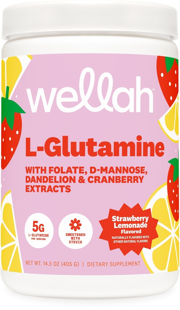 Wellah L-Glutamine Fragola Limonata Aromaed (50 Serve) - 5g L-Glutamina Per Serving, Addolcito con Stevia