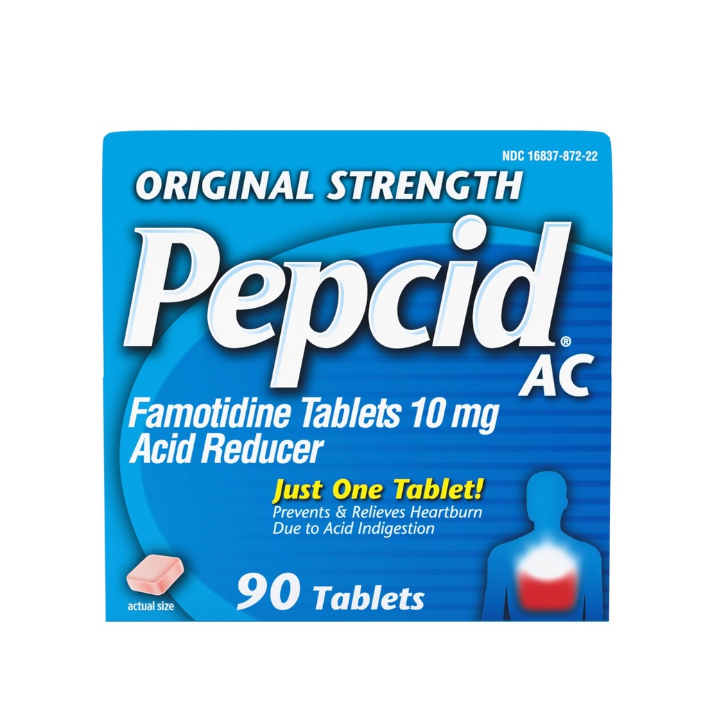 Compresse di sollievo dal bruciore di stomaco di forza originale di Pepcid AC, OTC medicina previene e allevia bruciore di stomaco a causa di indigestione acida & stomach acida, Riduttore di acido di Famotidina 10mg, Riduttore di acido Fast-Acting, 90 ct