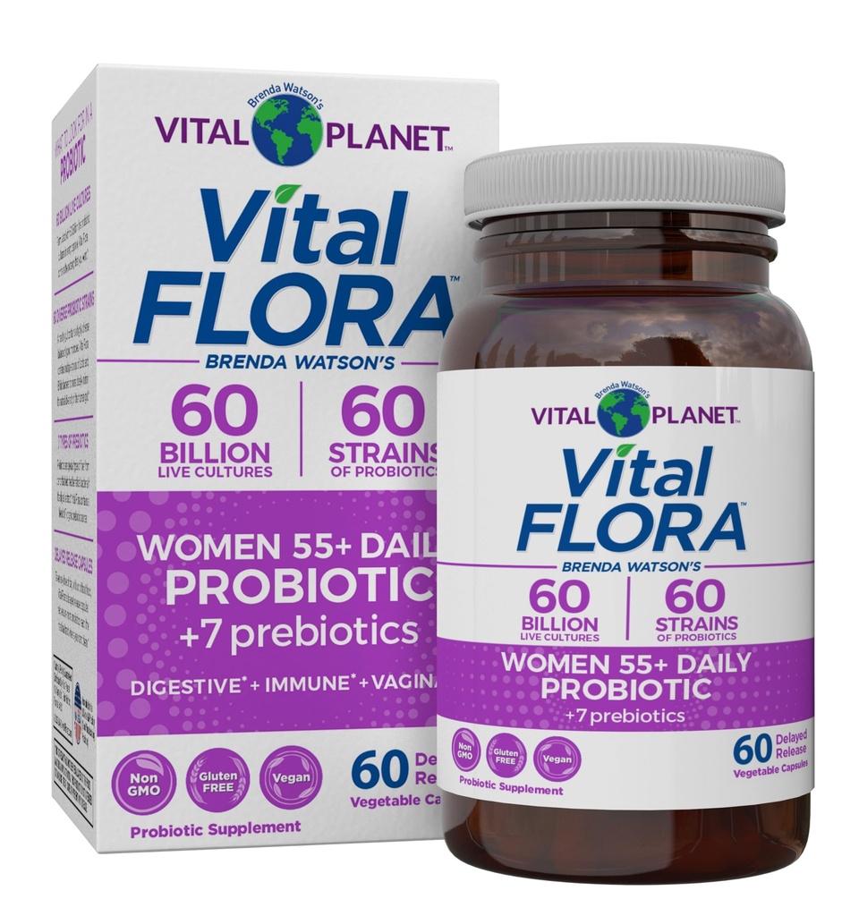 Vital Planet - Vital Flora Donne Oltre 55 Probiotici giornalieri, 60 miliardi di CFU, Diverse Strains, Prebiotici organici, Supporto vaginale e immunitario, Probiotici per la salute digestiva per le donne 60 capsule