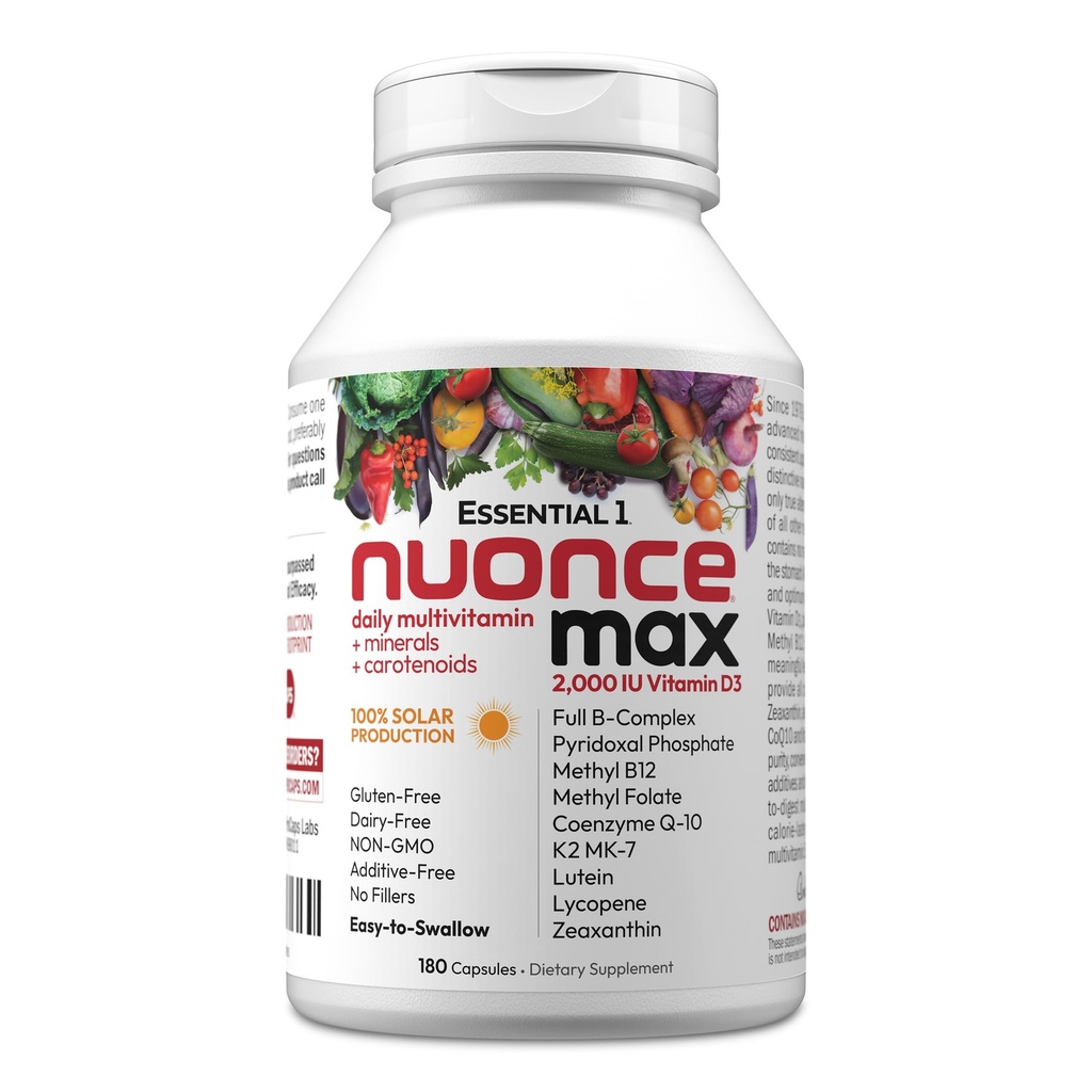 ANDREW LESSMAN Essential-1 nuonce max Multivitamin 2000 IU Vitamina D3 180 Piccole capsule. 100 mcg Methyl B12. CoQ10 Lutein Lycopene Zeaxantina. Alta potenza. Niente additivi. Ultra-Mild One Daily Capsule