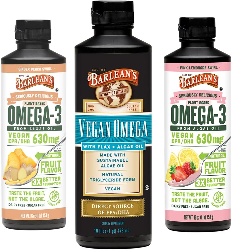 Integratore liquido dell'olio d'alghe Vegan Omega 3 di Barlean, comprende miscela di olio di lino e di alghe, pesca di zenzero, e aromi di limonata rosa, acidi grassi EPA e DHA