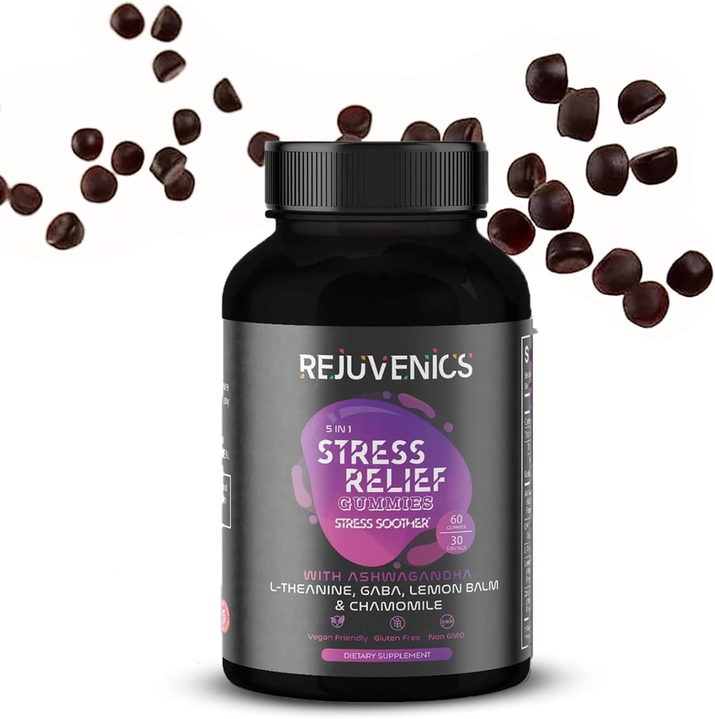 Stress Relief Gummiess con Ashwagandha, L-teanina, GABA, Lemon Balm, e Chamomile -60 Conti
