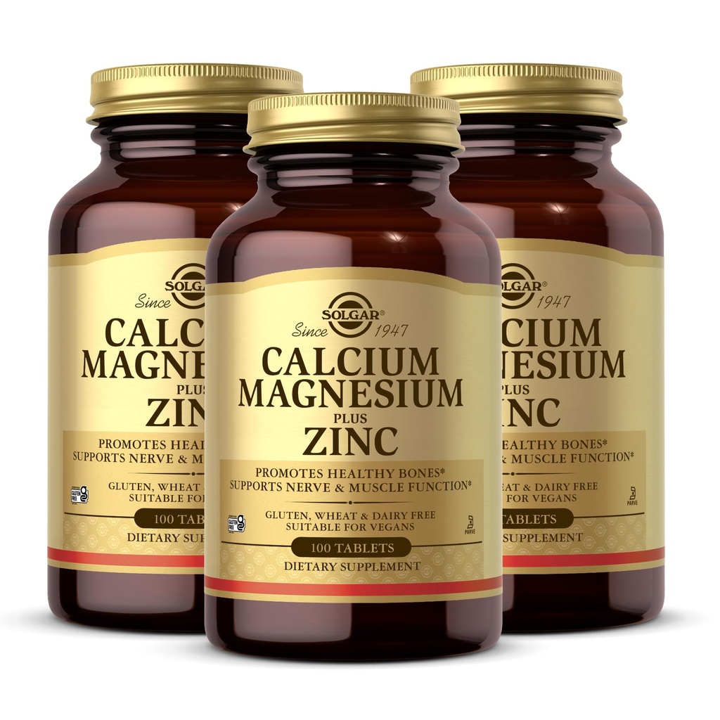 Solgar calcio magnesio più zinco, 100 compresse (pacchetto di 3) - promuove ossa sane e denti - Supporta Nerve & Funzione muscolare - Non OGM, Vegan, Gluten Free, Dairy Free, Kosher - 100 Total Servings