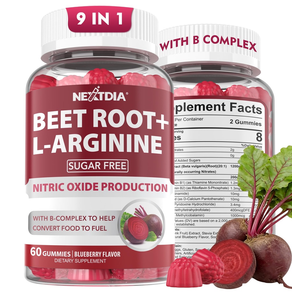 barbabietola Root Gummies & L-Arginina, Nitric Oxide Supplementi per uomini e donne w / barbabietole organiche, B1, B2, B3, B5, B6, Folate, B12 per l'energia Boost & Circulation Support, Sugar Free, 120 Ct