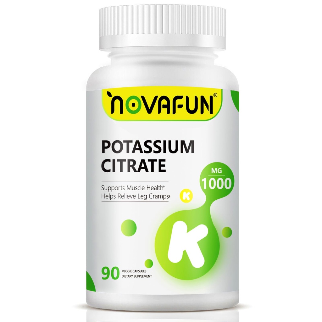 Citrato di potassio 1000mg, supplemento di potassio per ceppi di gambe, salute del muscolo e del cuore, vegano, non OGM, senza glutine, 90 capsule