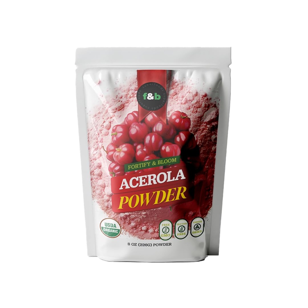 f&b superfoods Pure Organic Acerola Cherry Powder congelare Dried (8oz), Polvere di vitamina C organica per il Booster di sistema immunitario, Smoothie, Succo di ciliegia, acerola Vitamin c Bulk Powder, Brasile Origine.