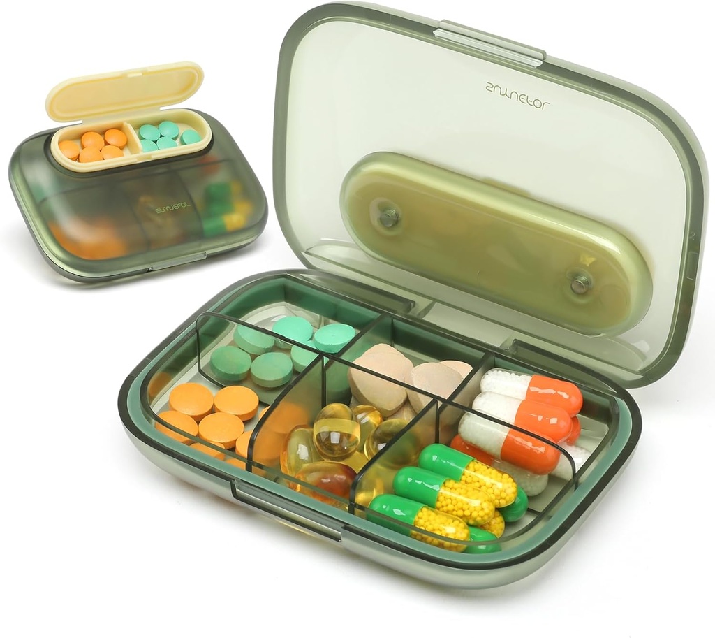 Toplive 6 scomparti Piccolo caso Pillole da viaggio organizzatore tascabile Medica Custodia da viaggio Portatile Piccolo Pill Container con Magnet Light-Proof Mini Pill Box, Verde