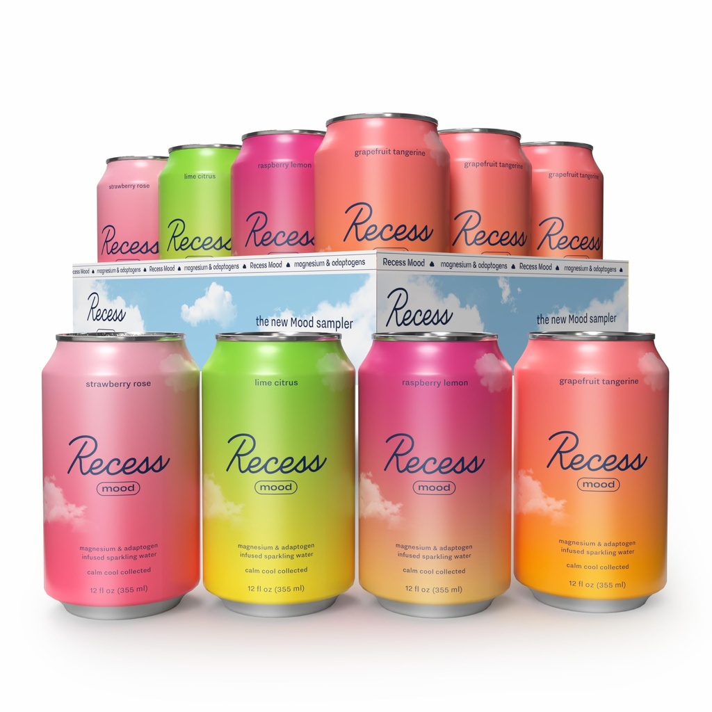 Recess Mood Magnesium & Adaptogen Drink, Relax Bevande, 12 Ounce (Variety Pack, 12 Pack)