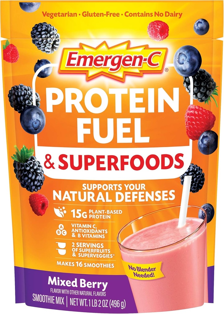 Emergen-C Protein Powder Fuel & Superfoods (16 Servings, Mixed Berry Flavor) Miscelato vegetale e vegetariano Shake con Superfood organici, Vitamina C & altri antiossidanti