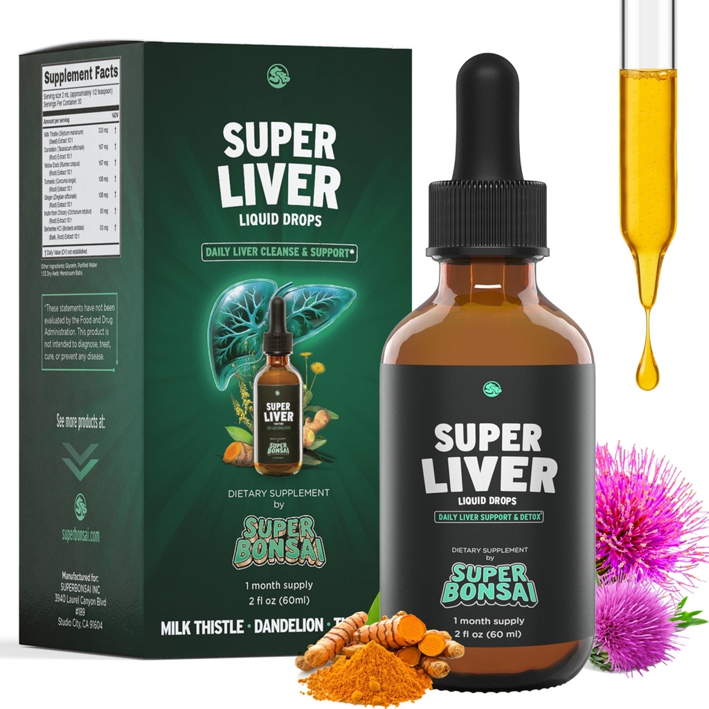 SuperBonsai Super Liver Support with Milk Thistle - Tutti Natural Liver Cleanse Detox & Repair Aid - Doctor-Formulated Liver Supplement - Liquid Herbal Supplements for Liver Health - 1 mese di fornitura