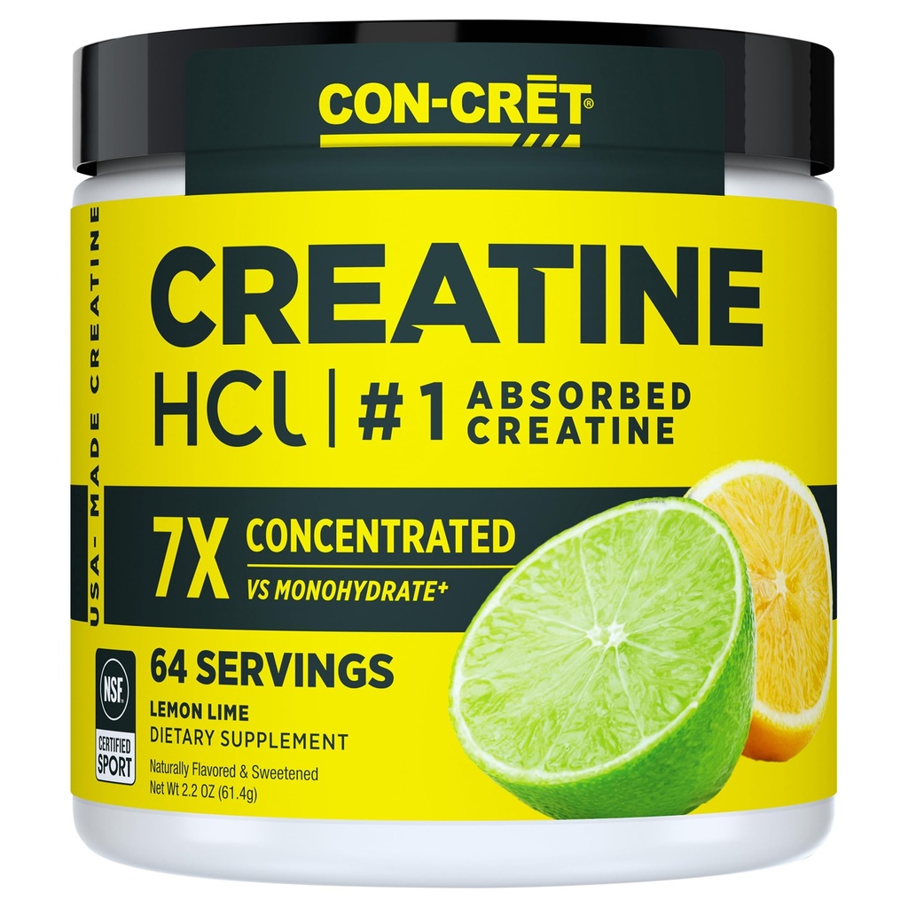 CON-CRET Creatine HCl Powder | Muscle, Cognitive, Cellular Energy Support | No Bloating or Cramps | USA Made & NSF Certified | Lime Limo (64 Serving)