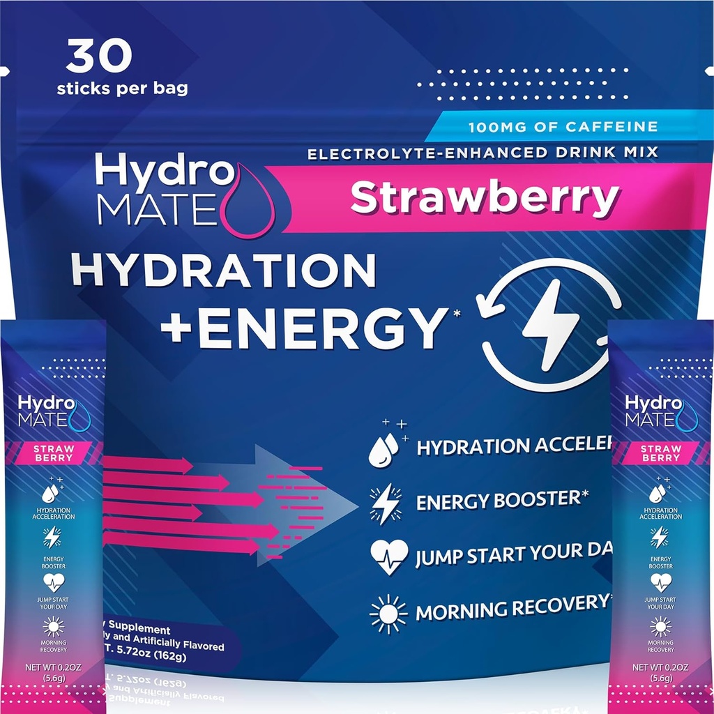 HydroMATE Electrolytes Polvere Bevande Miscele Packets Acceleratore di Idratazione Basso Sugar Rapid Party Relief Recovery Vitamin C Plus Caffeine Strawberry 30 Count