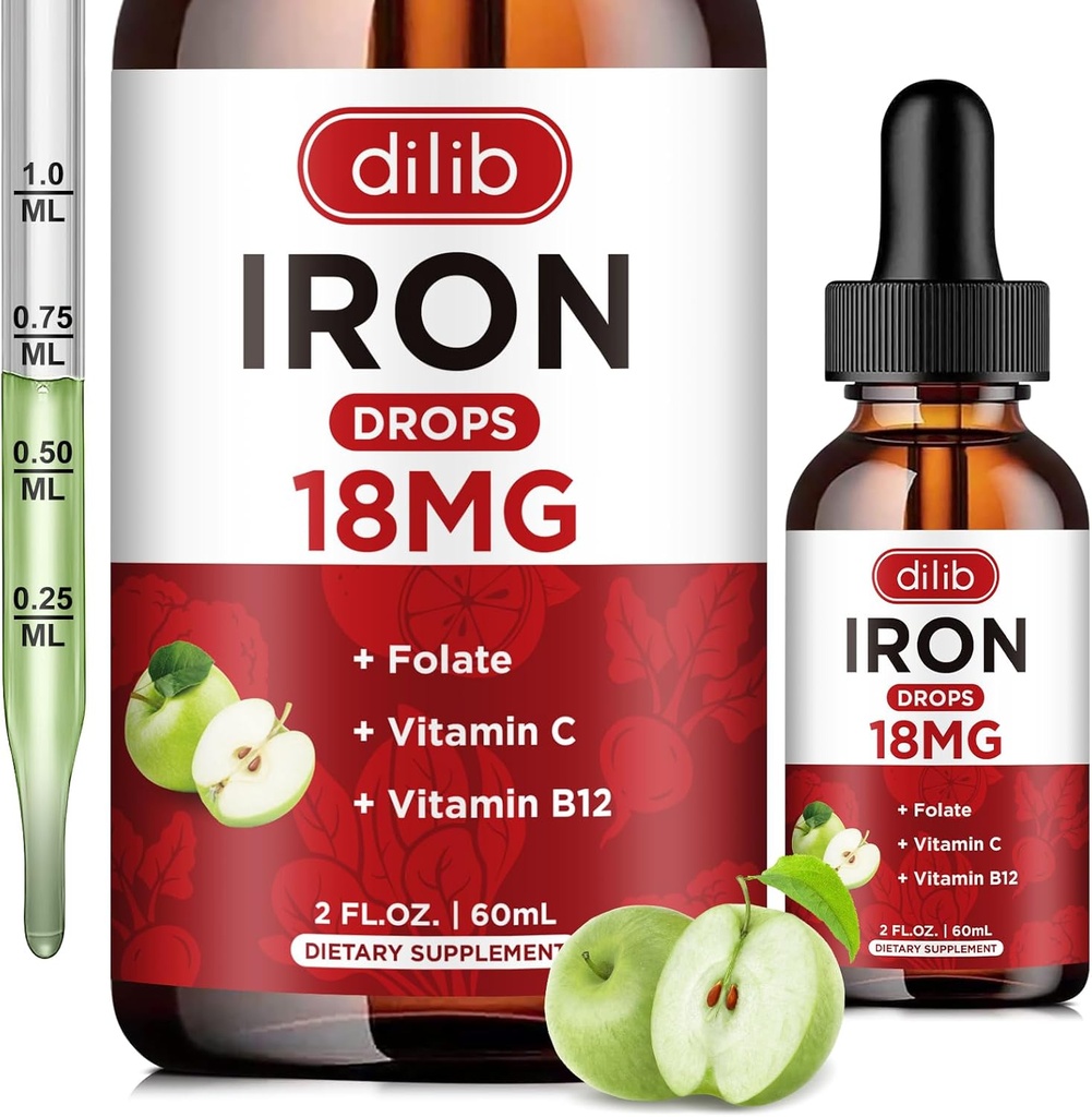 Supplemento di ferro liquido per le donne e gli uomini Gocce di ferro Supplementi di ferro per l'anemia con follia, vitamina C, B12 per il supporto delle cellule di sangue rosso-Green Apple Flavor, 2 Fl Oz