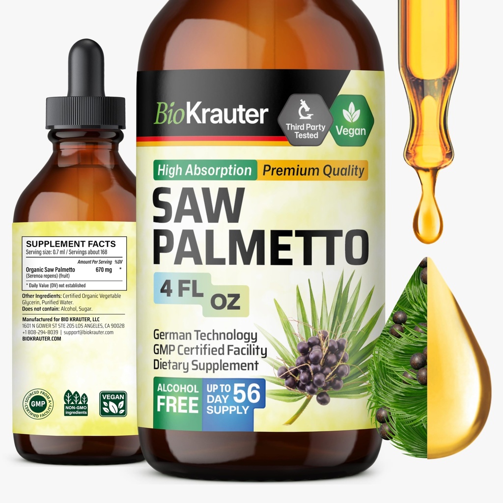 Estratto di palmetto segato BIO KRAUTER - Vegan Saw Palmetto per uomini e donne - Supporto urinario - Alcol & Sugar Free - 4 Fl.Oz.