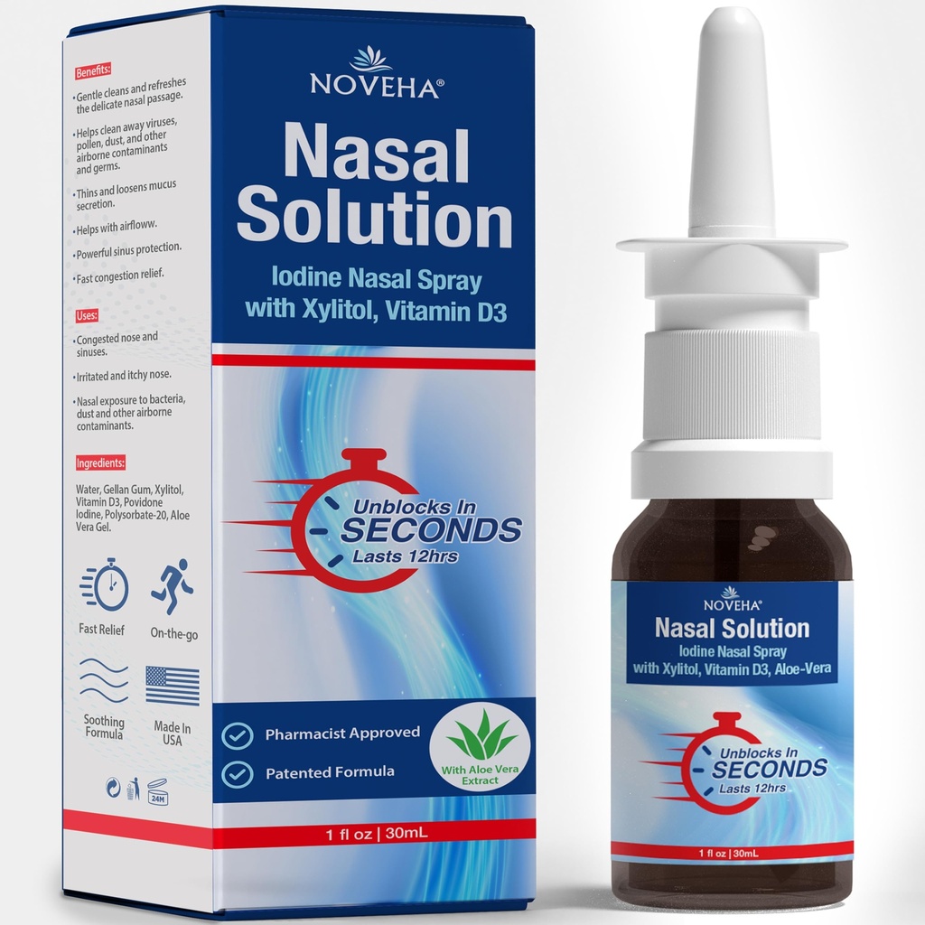 NOVEHA spray nasale- 1% spray Povidone-Iodine, vitamina D3, Aloe-Vera - Detergente nasale (30mL)