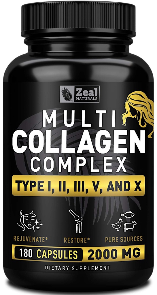 Pillole di peptidi multi collagene (Tipes I,II,III,V,X) Pillole di collagene a base di erba (180 capsule) - Miscela di proteine del collagene di idrolysate per capelli, pelle, unghie e supporto misto - Pillole di collagene per le donne