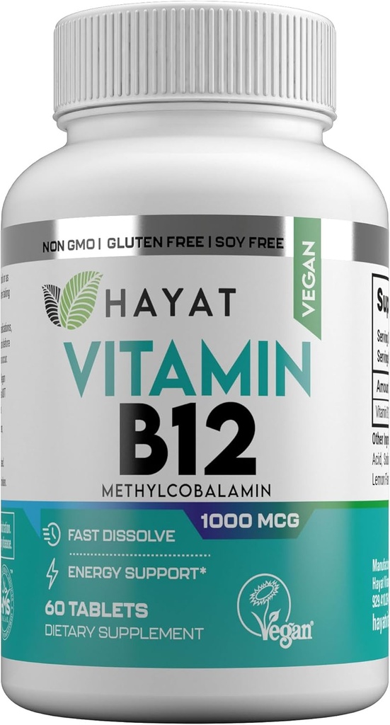 Vitamine HAYAT Vegan Natural Vitamin B12 1000 MCG, Integratore alimentare per il supporto al metabolismo energetico, Alimentazione 2 mesi, Tutto naturale, Certificata Halal, 60 compresse, Made in the USA