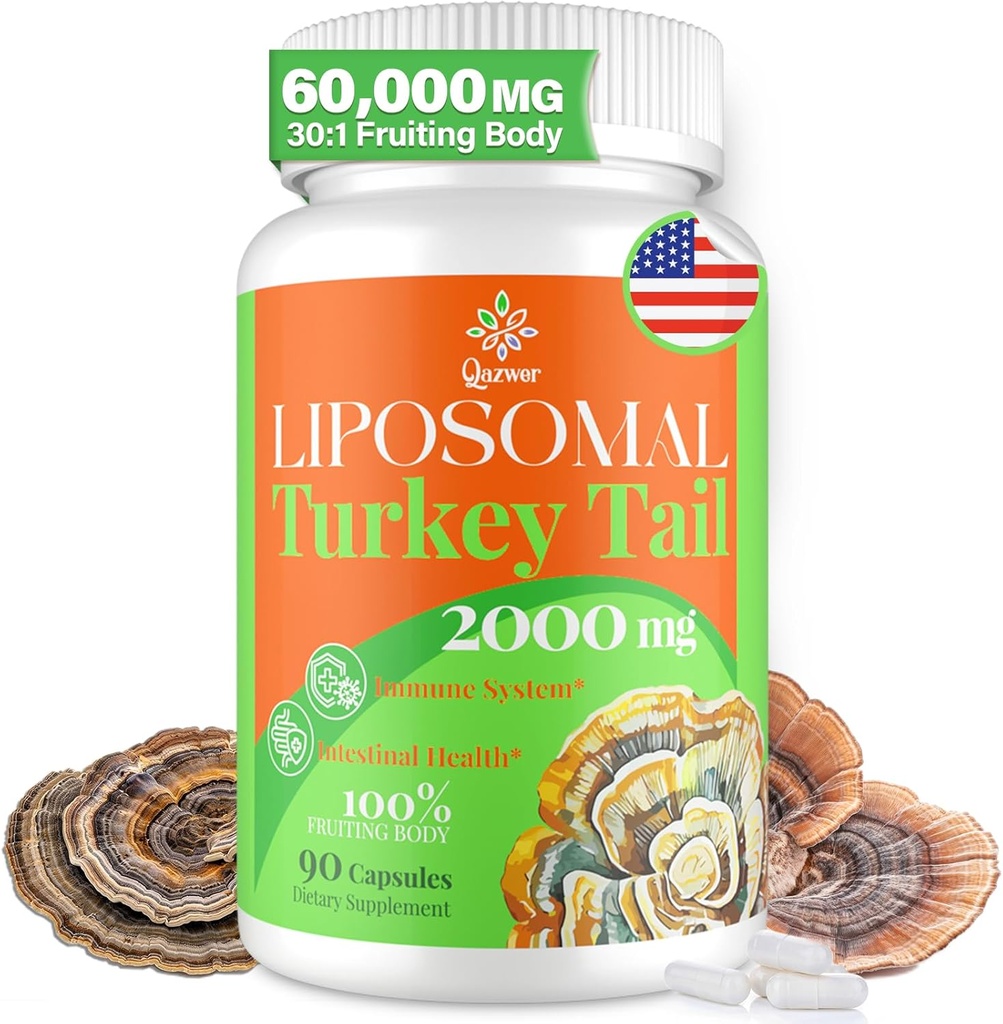 Liposomal Turkey Tail Mushroom Capsule, Alto assorbimento Organico Turchia Tail Mushroom Extract 2000MG| 30:1 Fruiting Body| Supplemento per la salute digestiva, Energy & Immune Support, Non-GMO -90 Capsule