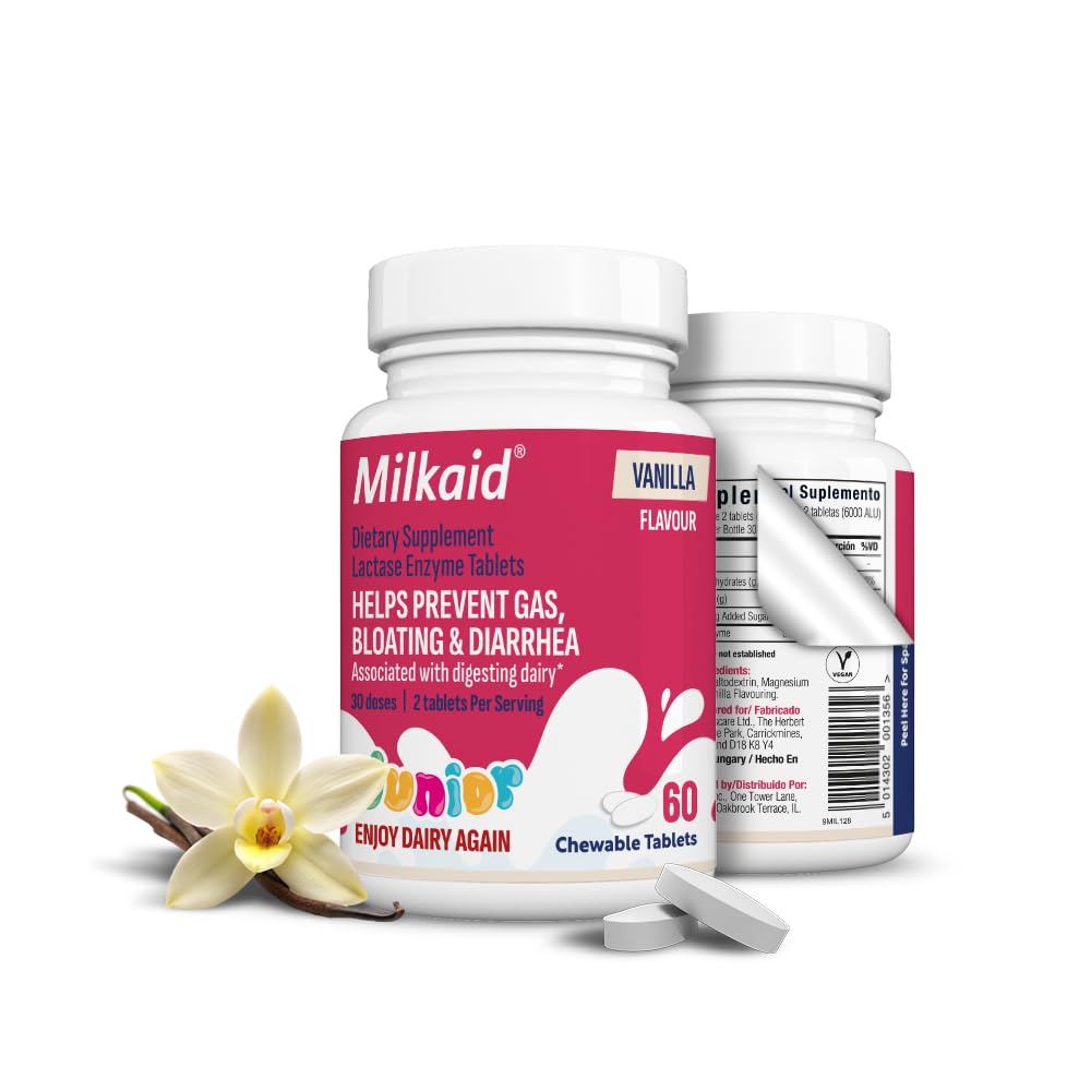 Latteaid Junior Lactase Enzyme Chewable Tablets per l'intolleranza al lattosio | Previene il gas, Bloating, Diarrea nei bambini