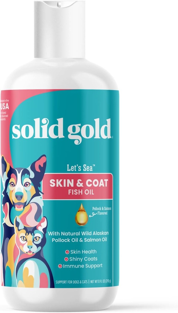 Solid Gold Omega 3 Fish Oil per cani e gatti - Wild Alaskan Salmon olio per cani pelle e cappotto supporto - Omega 3 Dog Supplement Liquid w/Pollock, acidi grassi, EPA & DHA per il supporto immunitario - 8oz Bottiglia