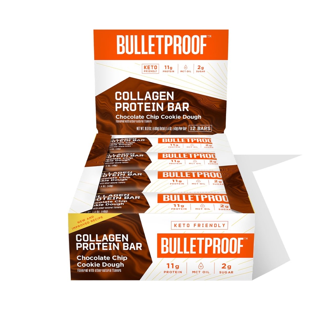 Bulletproof Chocolate Chip Cookie Dough Collagen Protein Bars, Confezione da 12, Keto-Friendly Snack con olio MCT, Collage a base di erba, senza aggiunta di zucchero