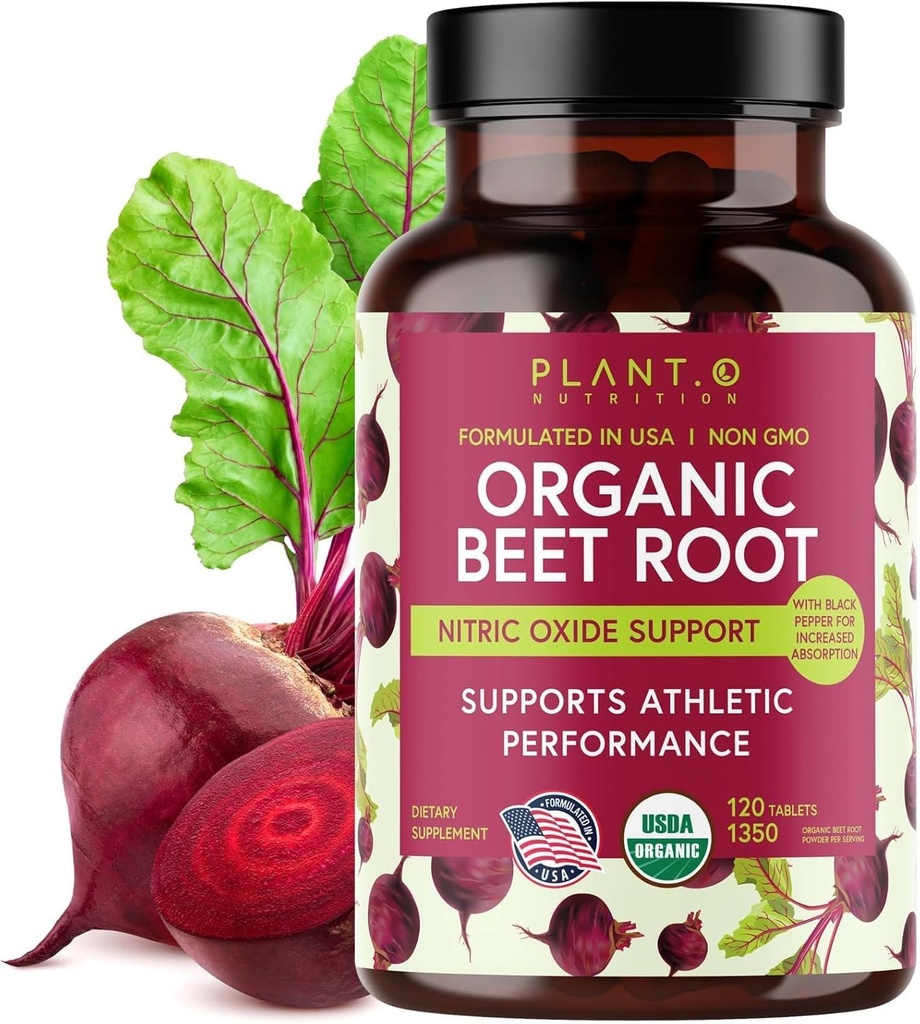 Compresse di radice di barbabietola organica Premium USDA Plant.O [1350mg polvere di barbabietole] con pepe nero per l'assorbimento extra - Supplemento di ossigeno nitrico