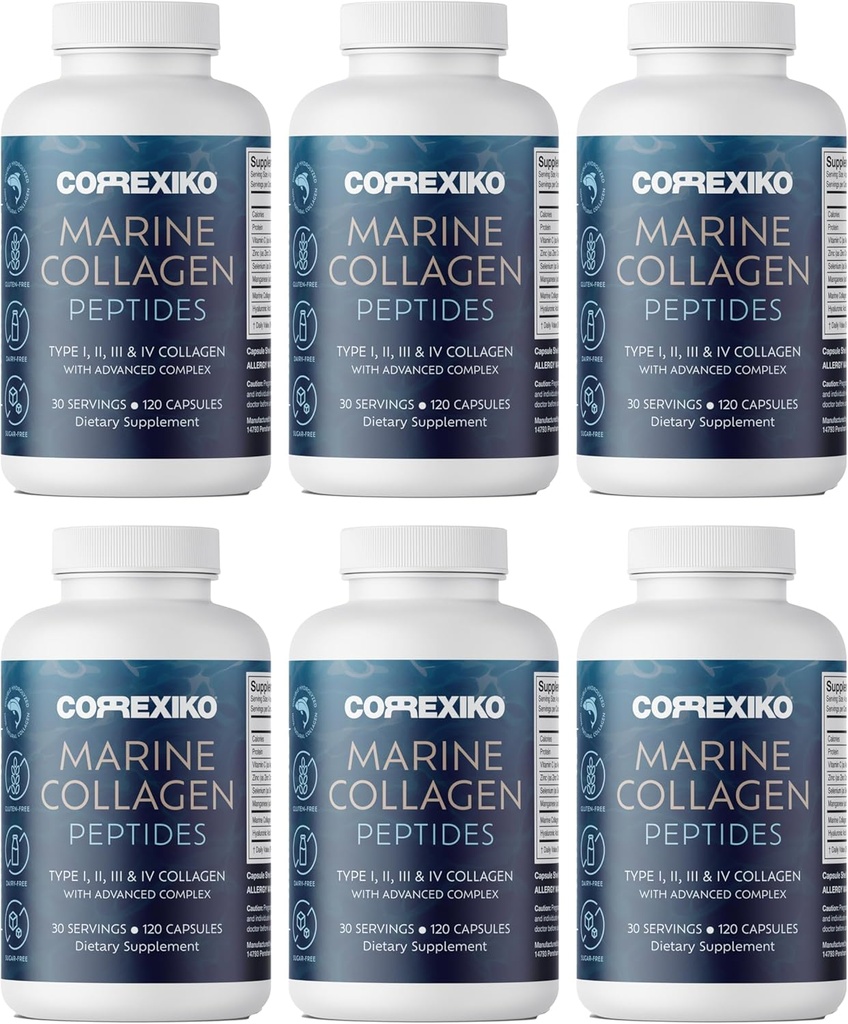 Pillole di supplemento di collagene marino CORREXIKO - 1800mg Peptidi di collagene idrolizzato per porzione con acido ialuronico aggiunto, vitamina C & minerali - per capelli, pelle & unghie - 720 capsule 6 mesi di fornitura