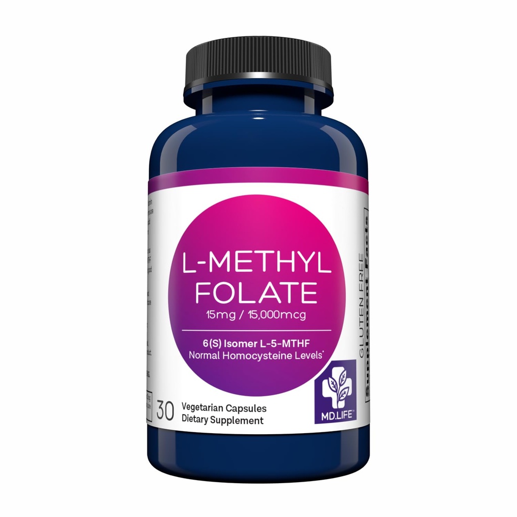 MD Life L-metilfolato 15 mg Supplemento - Professional-Grade Active L Methylfolate Supplement - 30 capsule - L-metilfolato 15mg - Potenza massima MTHFR W/Aminoacidi essenziali