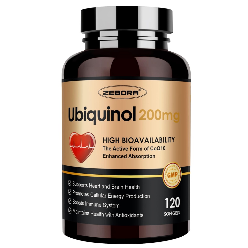 ZEBORA Ubiquinol CoQ10 200mg Softgels, 4-in-1 Antiossidante potente per il cuore e la salute vascolare, Essenziale per la produzione di energia, Max Absorption Forma attiva di CoQ10, 120 Softgels