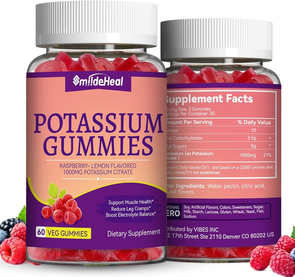 2 Confezione Supplemento di potassio Gummies 1000mg, Gummie di potassio per adulti, Gambe di sostegno &amp; salute del muscolo - Vegan, Non OGM, 120 Conte