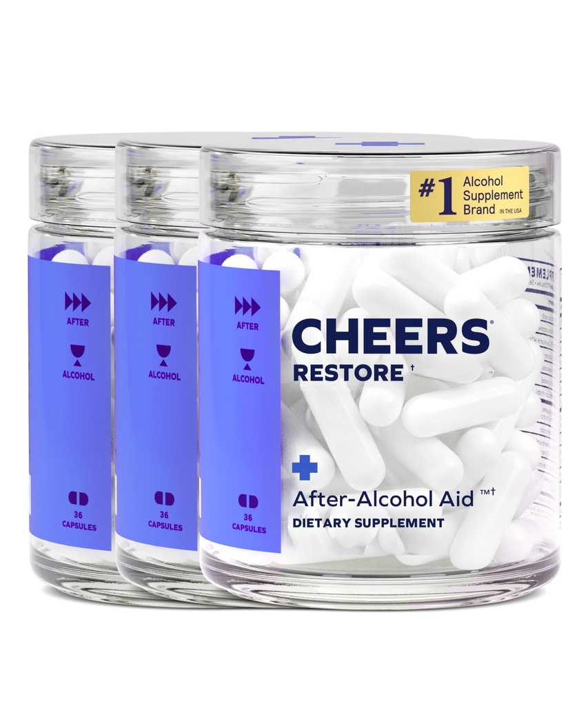 Cheers Restore | Supplemento con DHM + L-Cysteine | Feel Better After Drinking & Support Your Liver | 36 Doses | Dihydromyricetin, Cysteine, Prickly Pear, B-Vitamins, Ginger