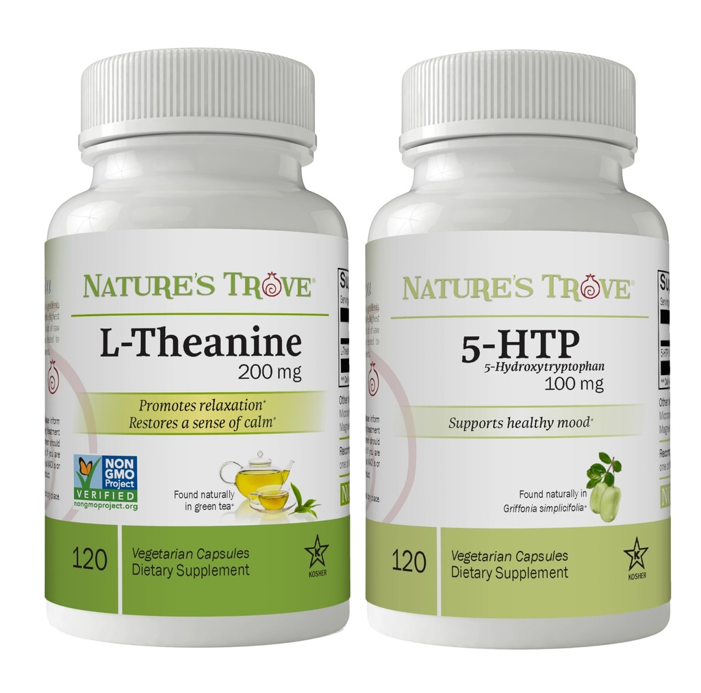Naturale's Trove L-teanina 200mg 120 capsule vegetariane & 5-HTP 100mg 120 capsule vegetariane - calma e sano mood Stack