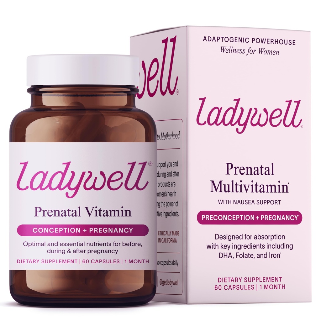 Ladywell Prenatal Multivitamin | Concezione, Gravidanza & Postpartum | Ingredienti chiave inclusi DHA, Folate & Iron | Esperto-Formulato & Testato | Progettato per l'assorbimento con supporto Nausea, 60 Ct