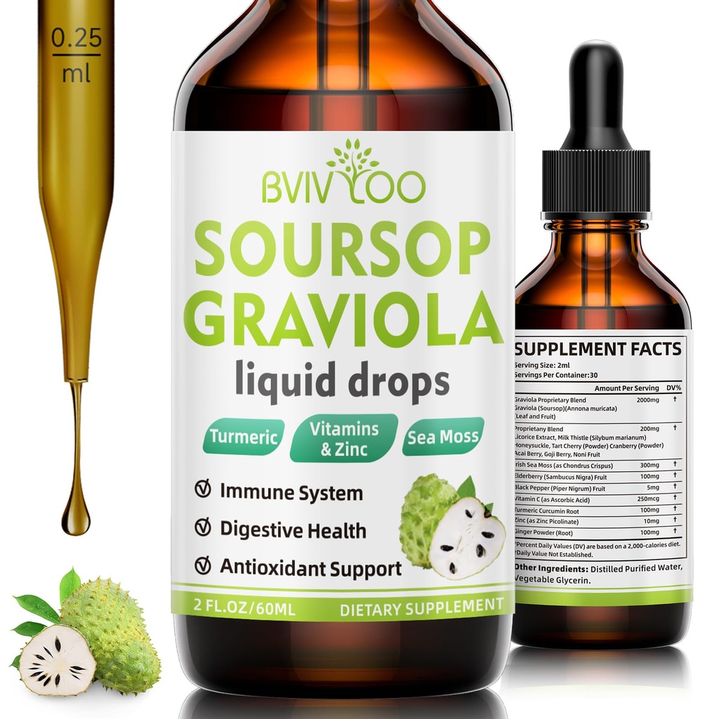 Soursop Graviola Liquid Drops - 2000mg Pure Soursop Extract Blended with 300mg Sea Moss & 100mg Elderberry - Potente supporto cellulare, Antiossidante-Rich, Immune-Boosting - 2 Fl Oz (60ml) Bottiglia