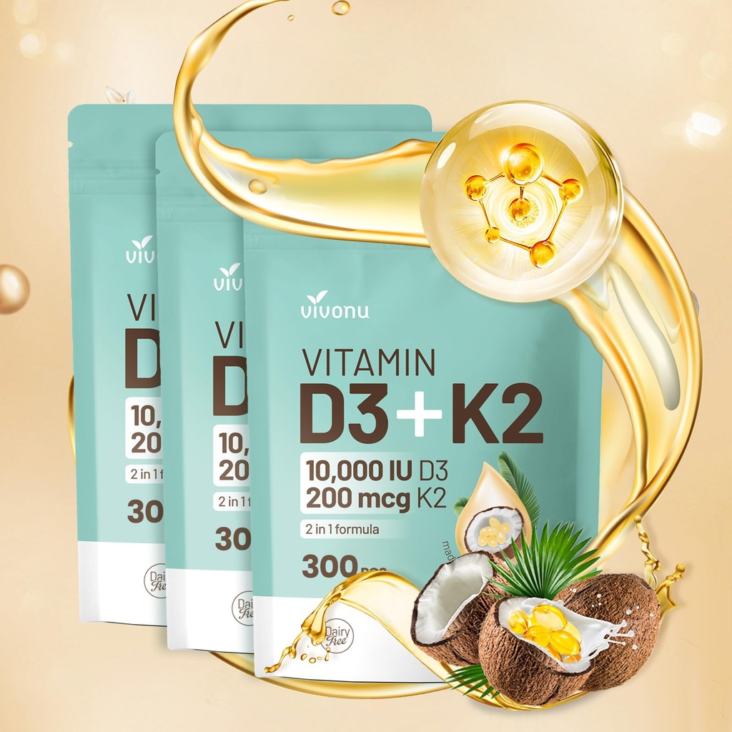 Vitamina D3 10000 iu Plus K2 (MK-7) 200 mcg, 300 Coconut Oil Softgels| 2 in 1 VIT D & K Complex | Supporta l'assorbimento del calcio, Bone, Immune, & Heart Health – Facile da ingoiare (900 Softgels /3 Bag)