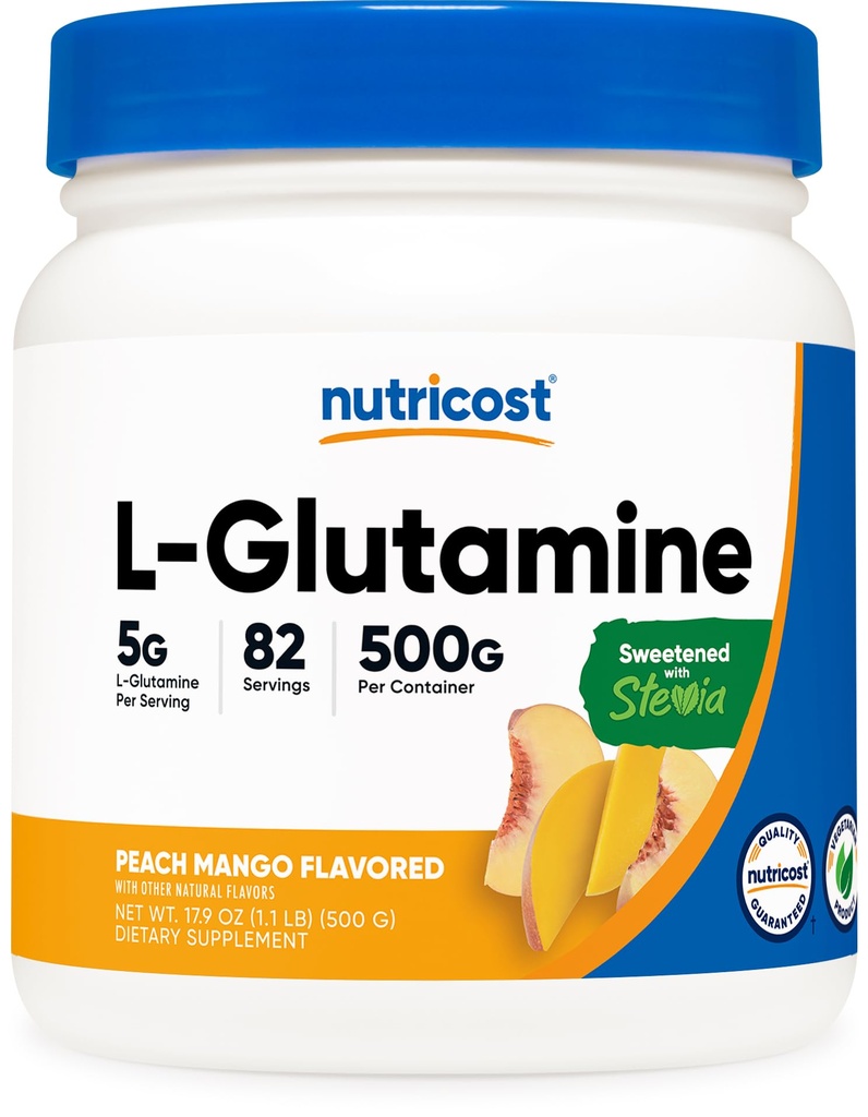 Nutricost L-Glutamina Polvere addolcita con Stevia (500 Grammi, Peach Mango) - Supplemento per Gut Support, 5 Grammi di L-Glutamina Per Serving - Gluten Free, Non OGM