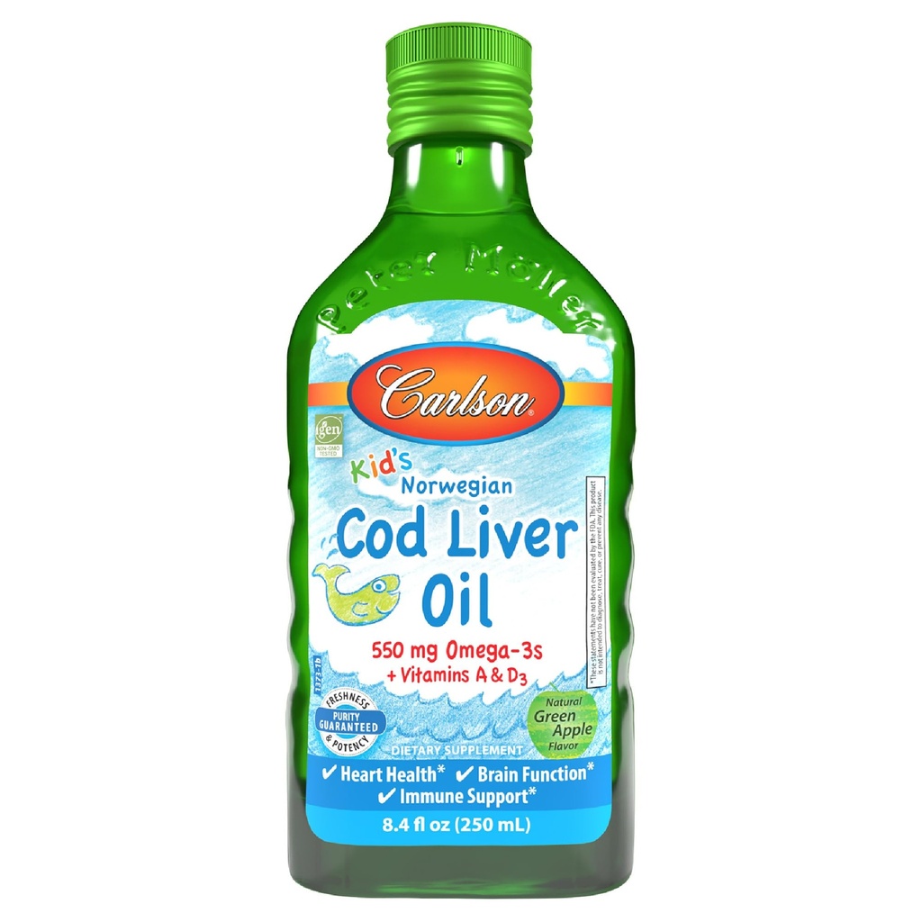 Carlson - Olio di fegato di cod del bambino, 550 mg Omega-3s, più vitamine A e D3, olio di pesce liquido, Wild Caught Norvegese Arctic Cod, Sustainably Sourced Nordic Fish Oil, Green Apple, 250 mL (8.4 Fl Oz)