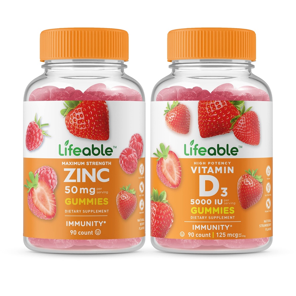 Zinco vitale 50mg + Vitamina D 5000 IU, Gummies Bundle - Grande Degustazione, Supplemento alla vitamina, Senza glutine, OGM libero, pancia masticabile