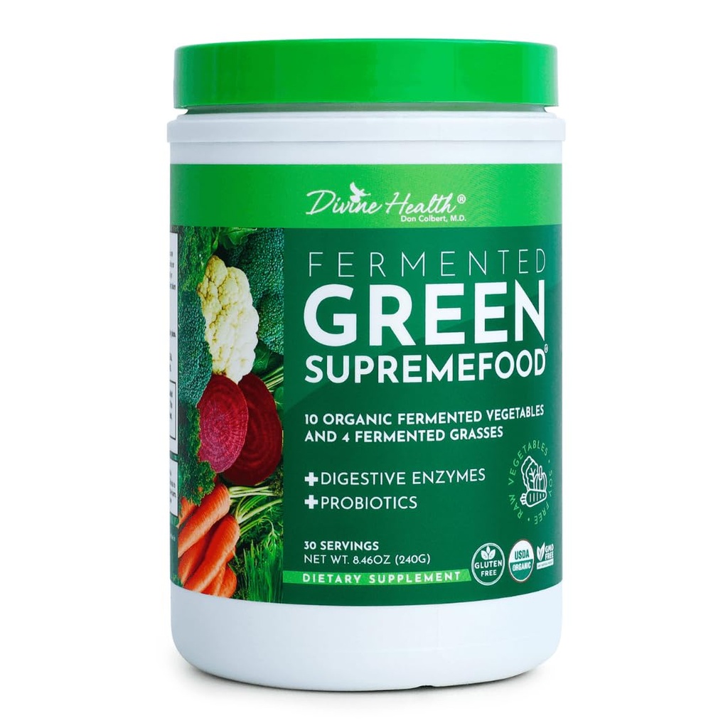 Divine Health Fermented Green Supremefood | 14 USDA Organic & Fermented Vegetas and Grasses | Probiotics | Enzymes | Apple Cinnamon Flavor | 30 Servings | 240g