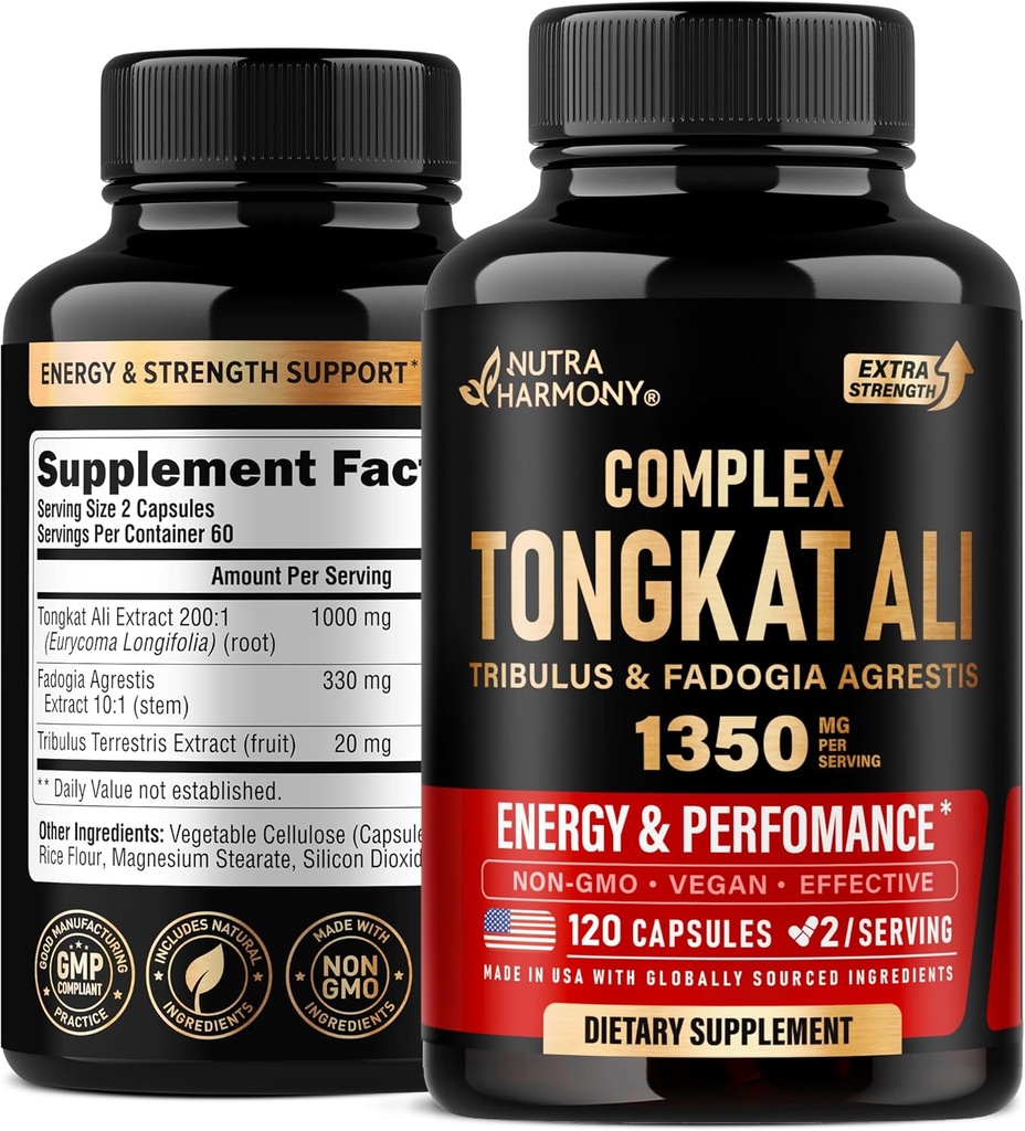 Tongkat Ali Men 1350mg Complex - Fadogia Agrestis | Tribulus Terrestris - Energy, Strength & Performance Support - Extra Strength 200:1 Extract - 3rd Party Tested, Made in USA - 120 Capsule / 2 Mesi